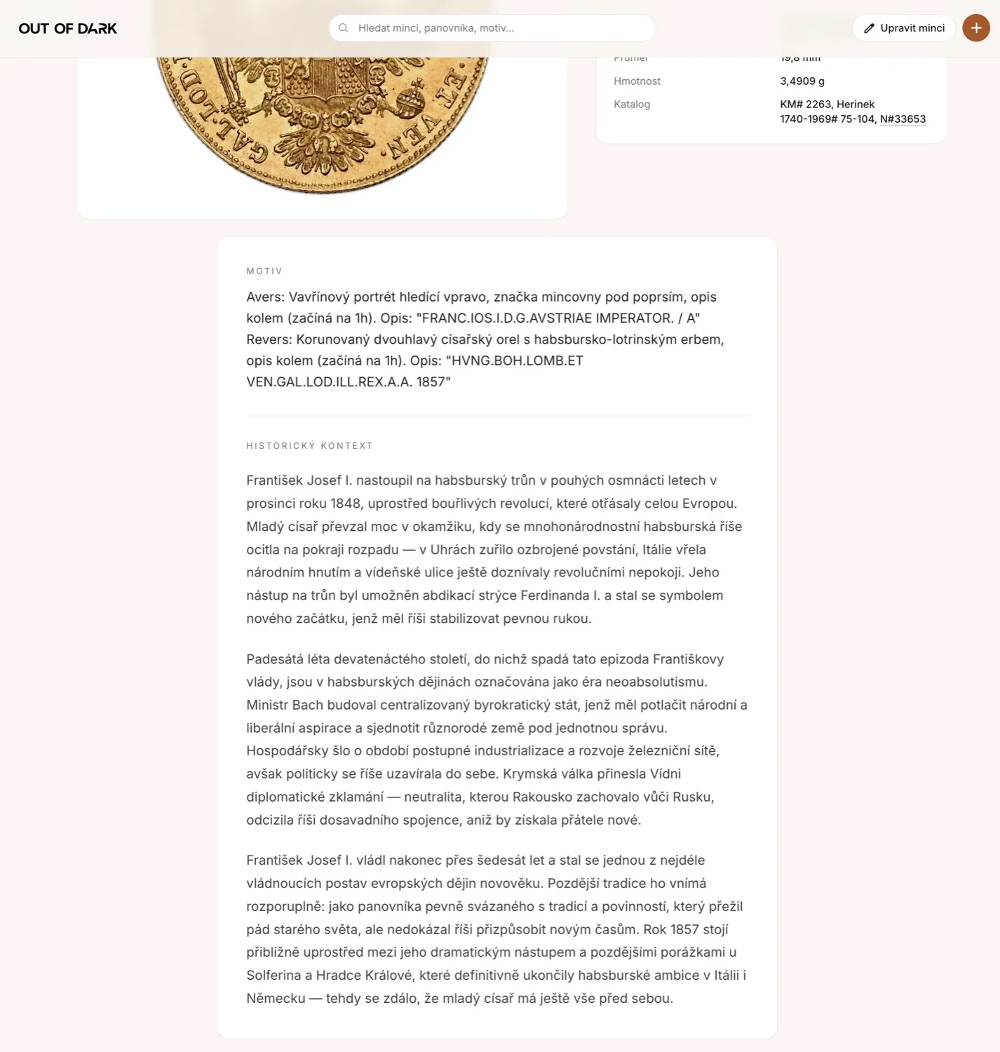 Popis motivu a historický kontext mince v OutOfDark