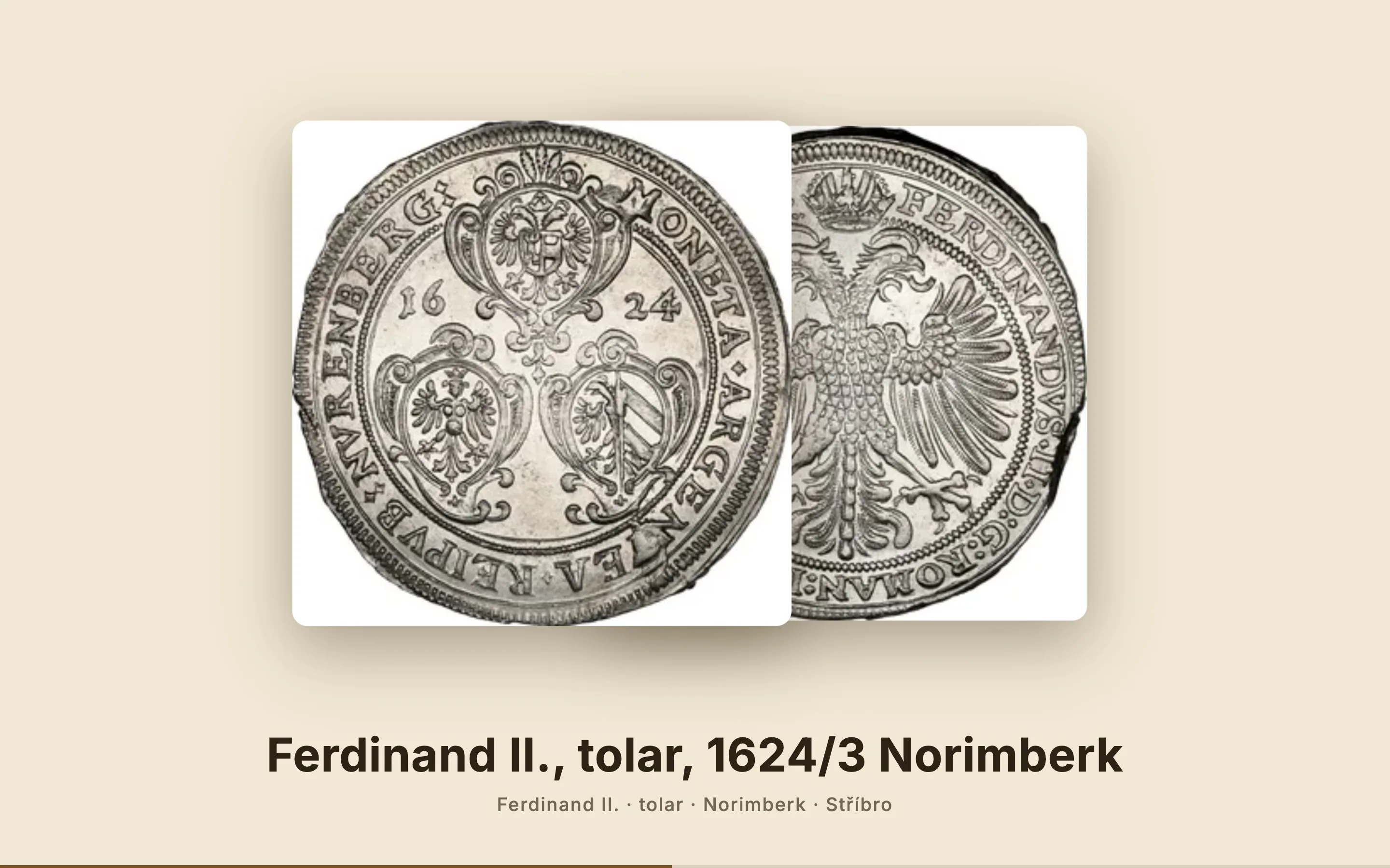 Promítání sbírky – tolar z roku 1624 na celou obrazovku